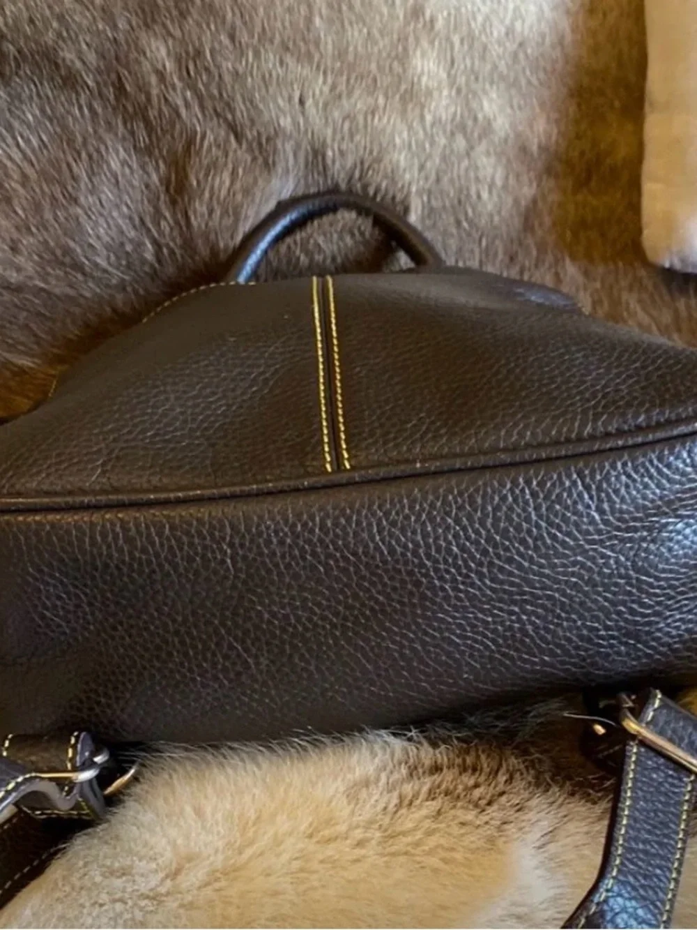 Dooney & Bourke Dark Brown Leather Backpack with Yellow Stitching